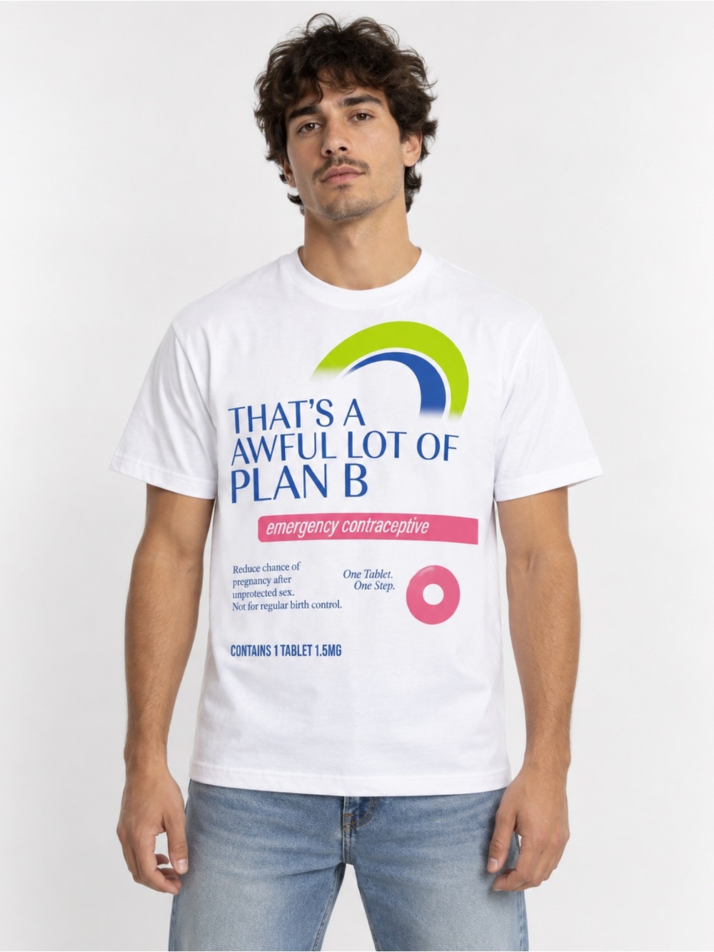 ALOCS Plan B Graphic Tee in White with Blue, Pink & Green Accents